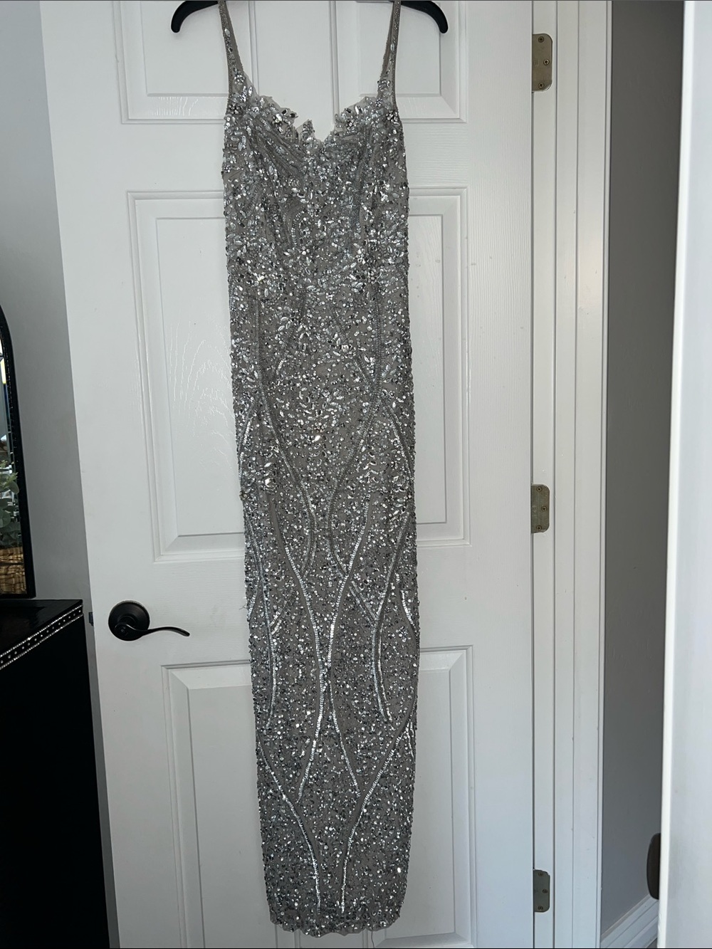 Aidan Mattox long Silver Beaded Spaghetti-Strap Evening Dress